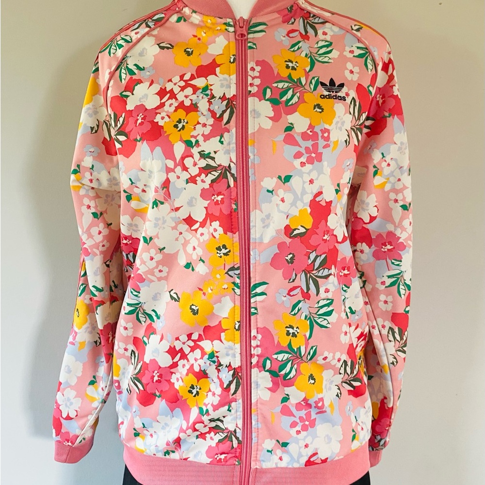 Adidas Women's Pink and Yellow Floral Track Jacket